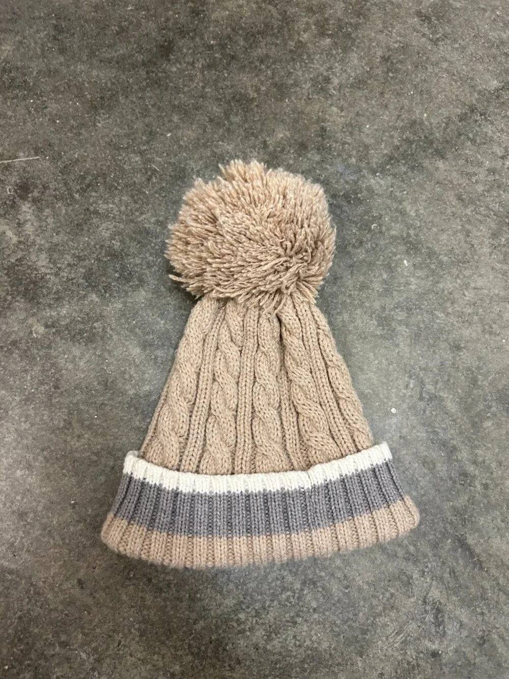 Calvin Klein Tan Knit Pom Pom Beanie Gray White Stripe Foldover One Size Winter